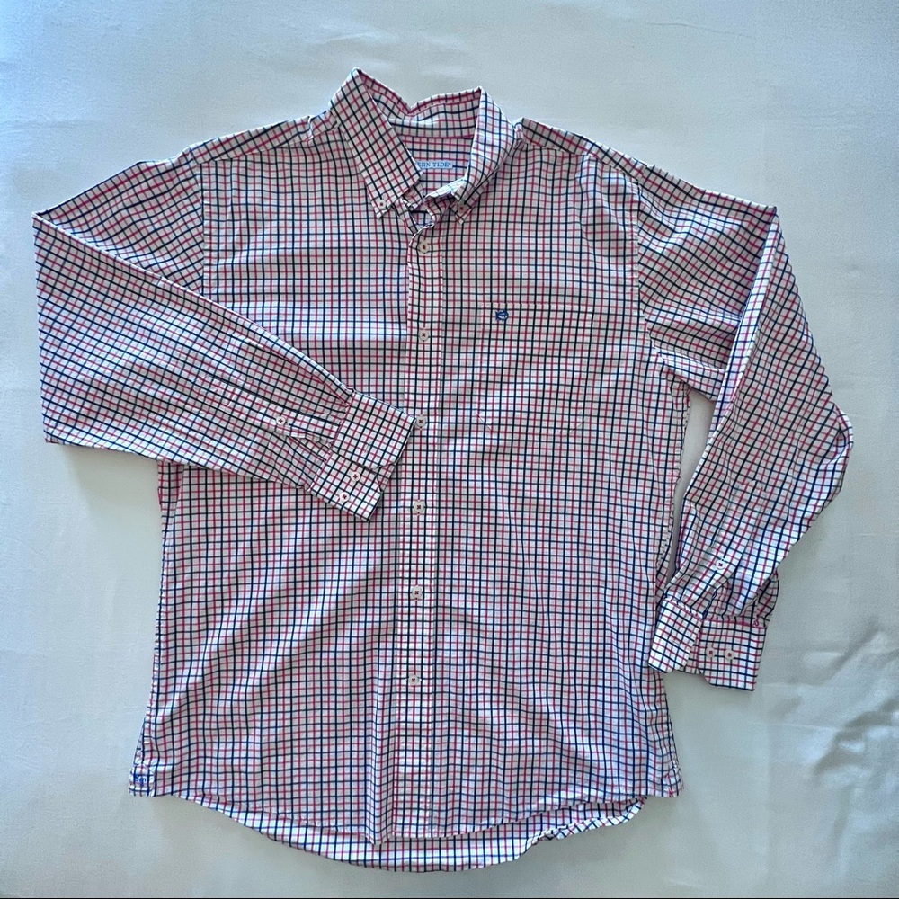 Southern Tide Red and Blue Check Plaid Sports Shirt | Size M